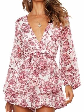 White and Red Floral Wrap Romper